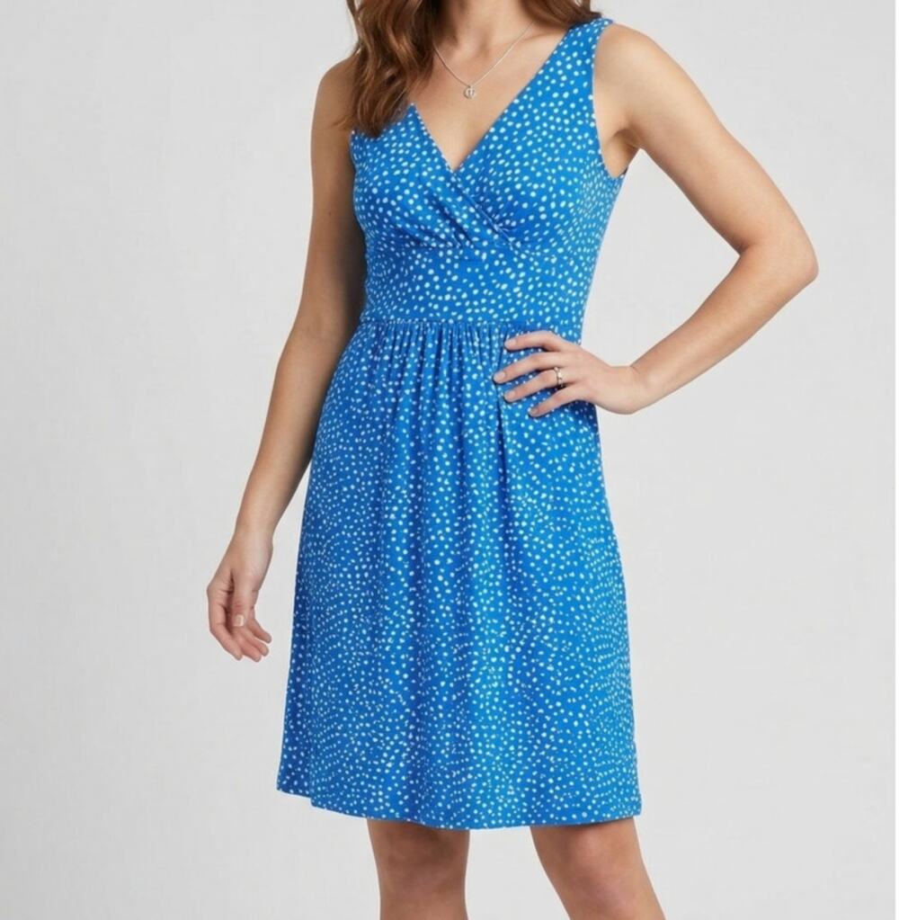 Chaps Womens Size 6 Sleeveless Dress Blue White Polka Dot V Neck Polyester
